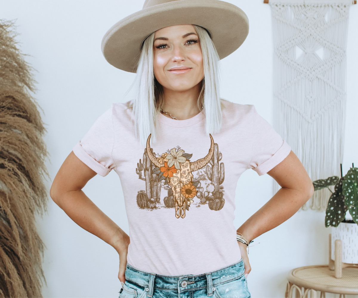 Boho Floral Bull Skull Tee